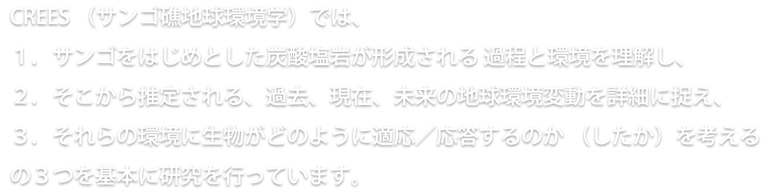 CREES (サンゴ礁地球環境学) では、1. サンゴをはじめとした炭酸塩岩が形成される過程と環境を理解し、2. そこから推定される過去、現在、未来の地球環境変動を詳細に捉え、3. それらの環境に生物がどのように適応／応答するのか (したか）を考える の３つを基本に研究を行っています。